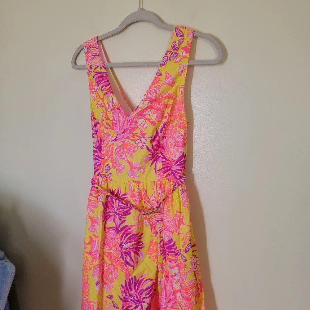 NWT Lilly Pulitzer Bre V Neck Cotton Midi Dress Calla Yellow Floral Coral Size 8 - Picture 5 of 9